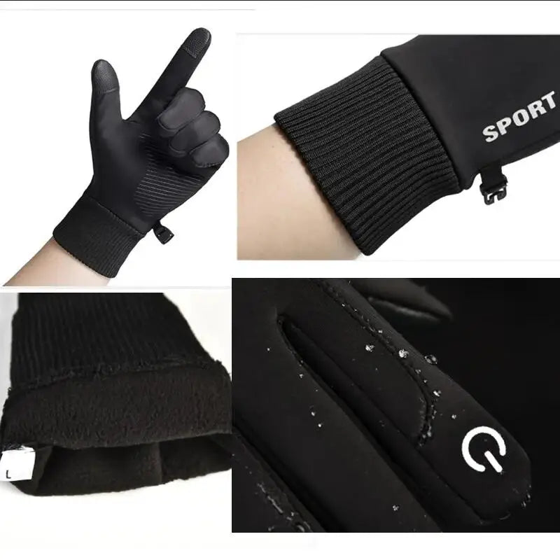 Black gloves with touch screen tips, showing different angles and features.