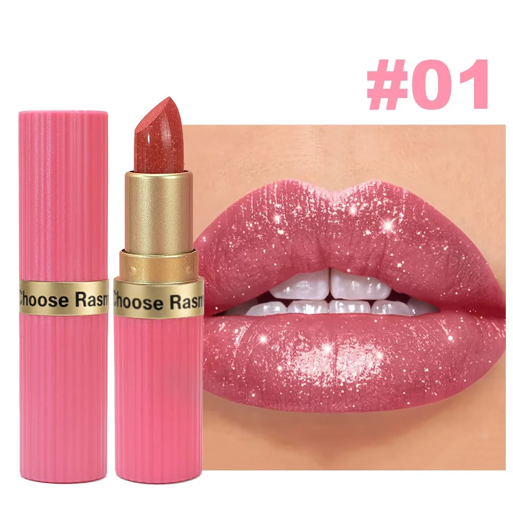 Pearlescent Pink Glitter Velvet Lipstick – Metallic Waterproof Shimmer Diamond Finish