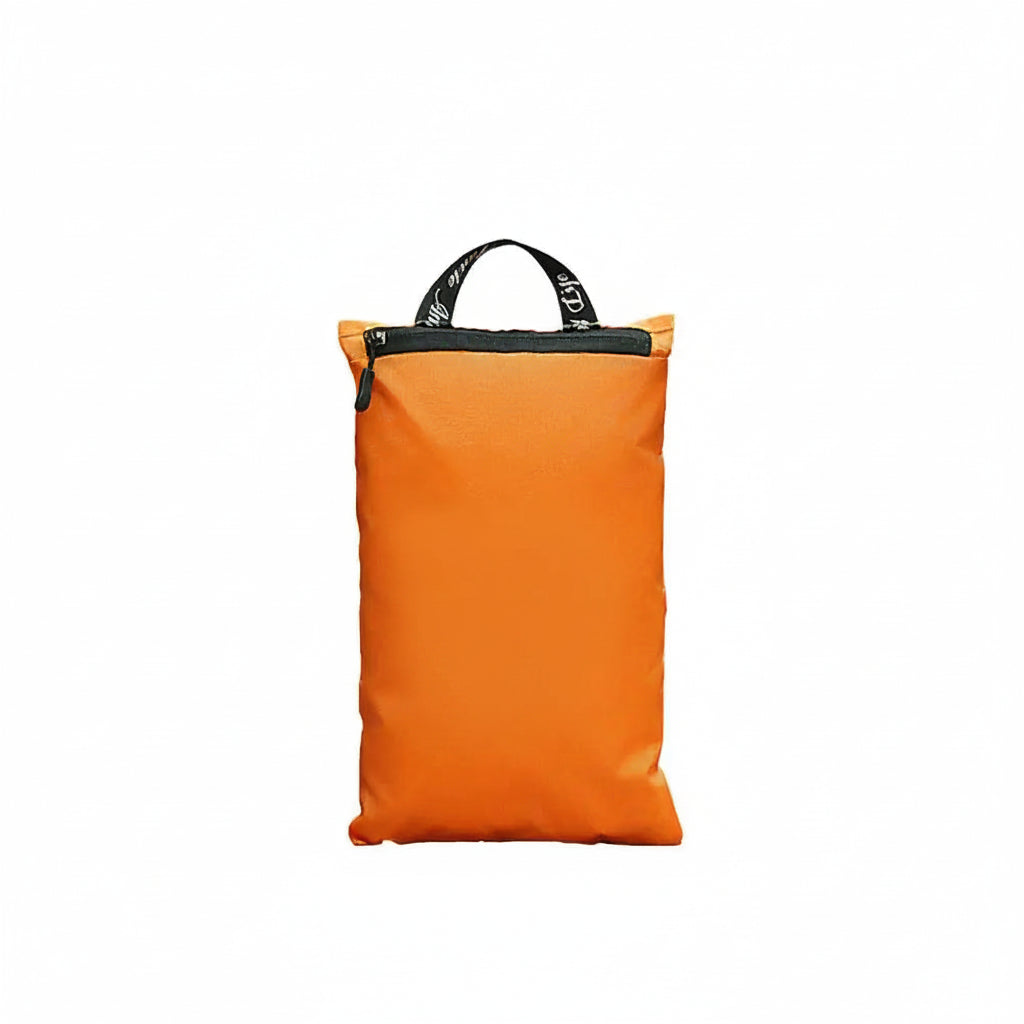 An orange zippered travel pouch with a black top handle, featuring a white airplane graphic and the text 'Enjoy a wonderful life. CTO Worldwide' printed on the front, set against a plain white background.