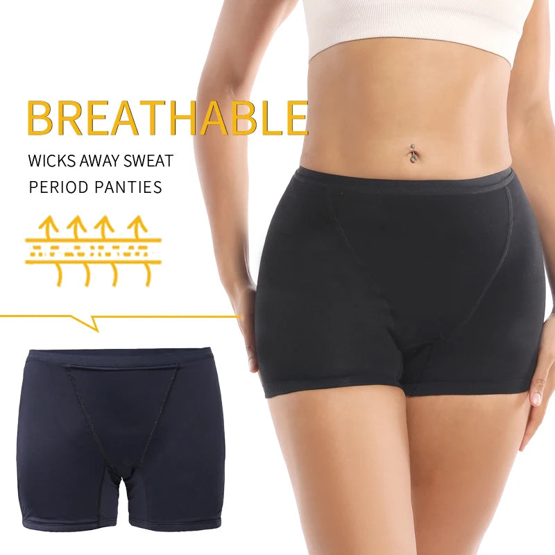 Black period panties with text highlighting breathability on a white background