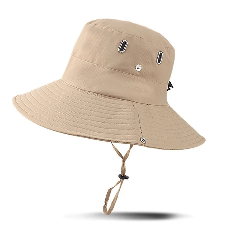 Beige bucket hat with chin strap on a white background