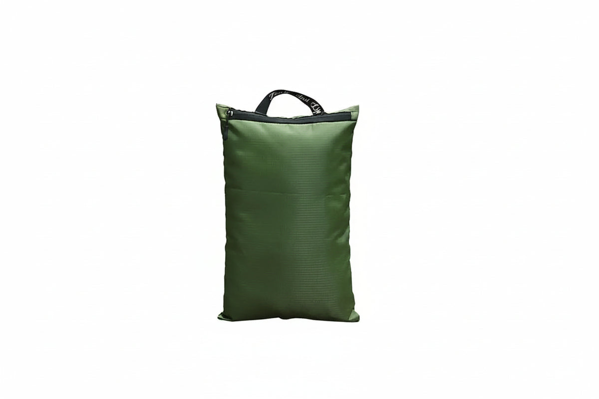 An olive green carry-on bag with a top zipper and handle, featuring a white airplane graphic and the text 'Enjoy a wonderful life. CRO Travelight' on the front, set against a plain white background.