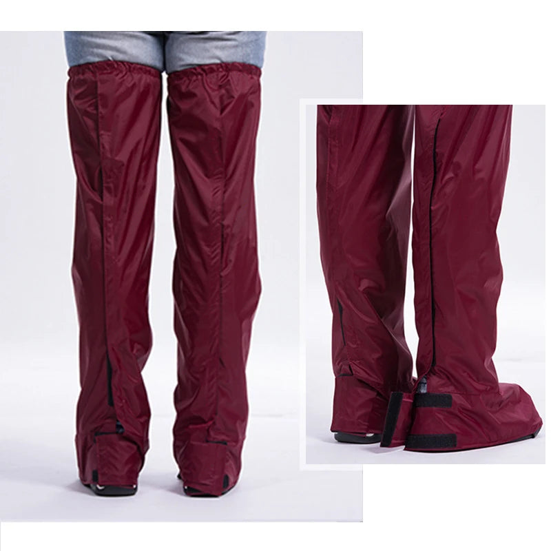 Red legging covers worn over pants on a white background