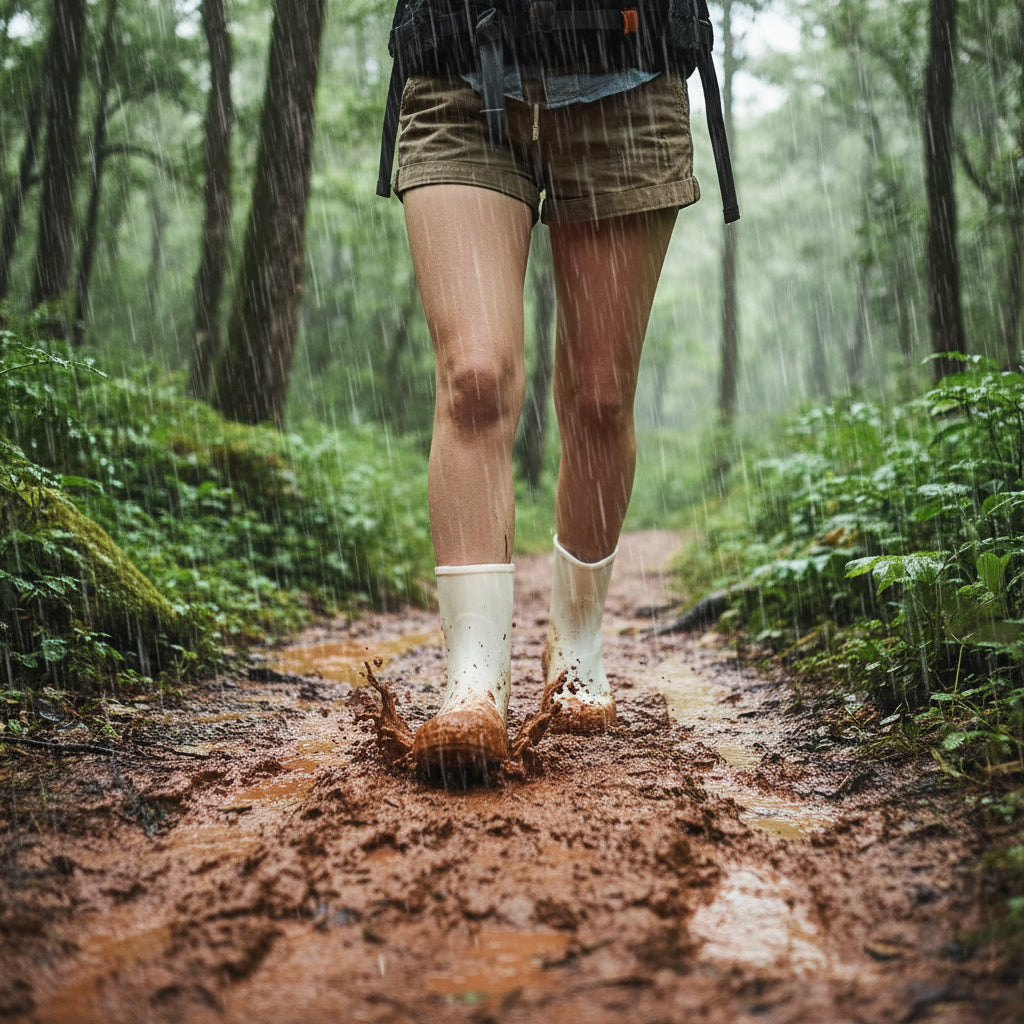 White silicone waterproof shoe covers worn in rainy conditions.