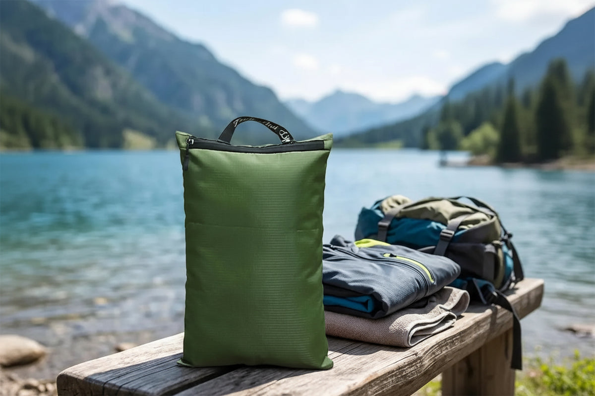 An olive green travel dry bag with a top handle stands on a wooden bench outdoors by a lake, with folded clothing and mountains in the background. The text 'TRAVEL DRY BAG' appears at the top.