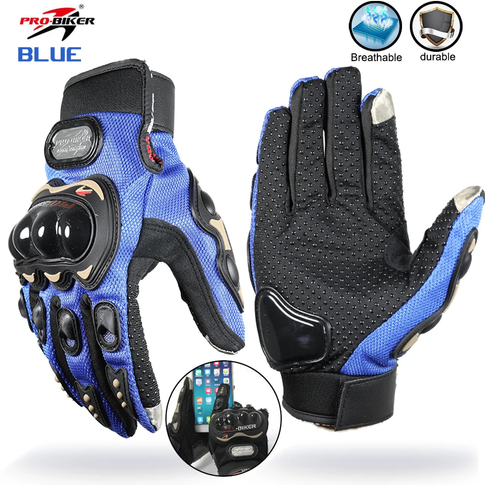 Blue and black motorcycle gloves with Pro-Biker branding on a white background