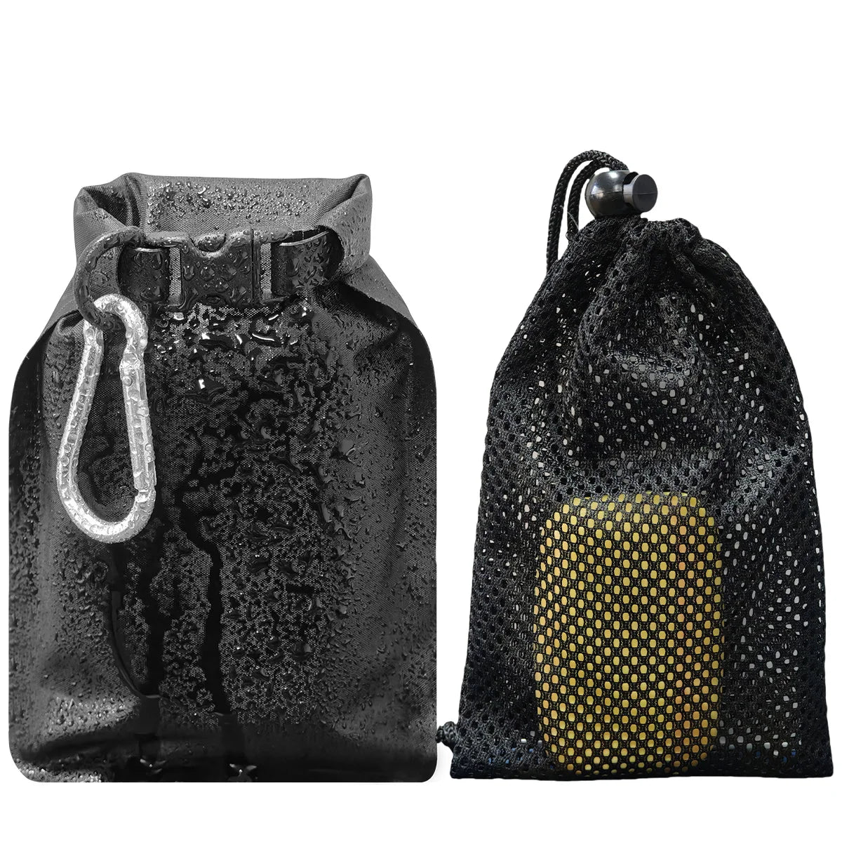Black drawstring bag with carabiner and mesh drawstring bag with yellow item on a white background