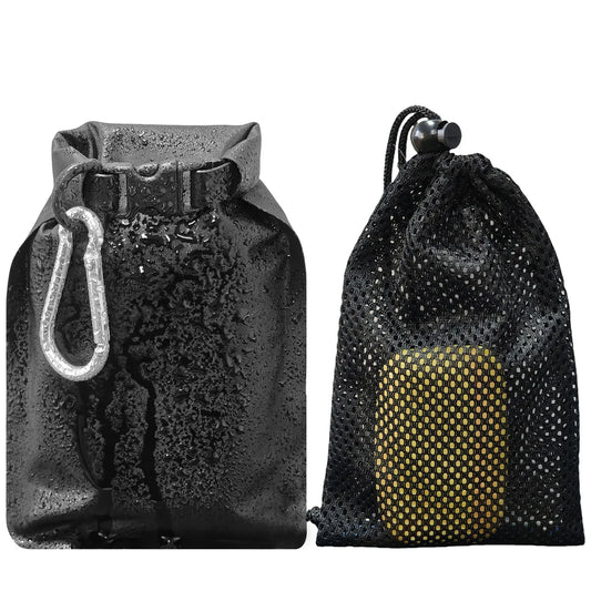 Black drawstring bag with carabiner and mesh drawstring bag with yellow item on a white background