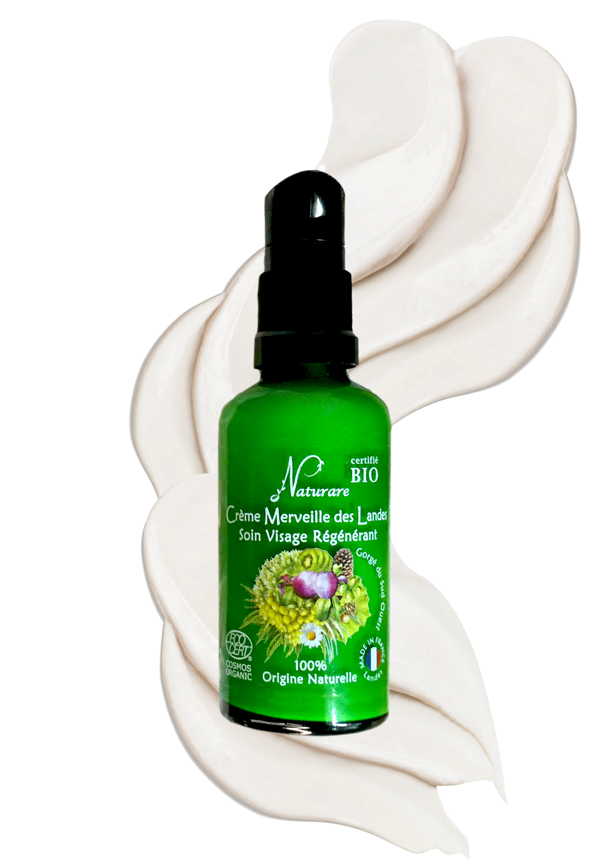 A green dropper bottle of Noèau Naturure Bio Crème Merveilleuse des Lândes Soin Visage Régénérant, set against a white background with a decorative swirl of cream-colored cosmetic cream.