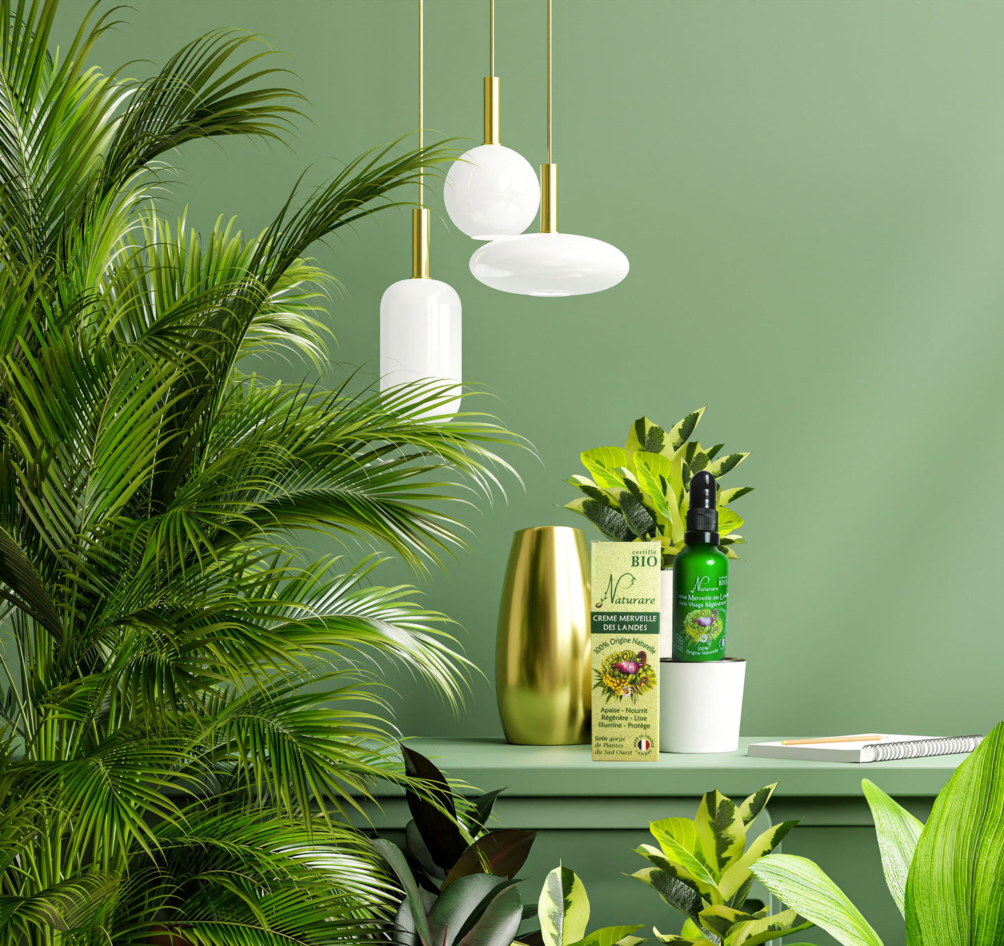 Green-themed room with plants, a gold vase, and a green bottle on a shelf against a green wall.