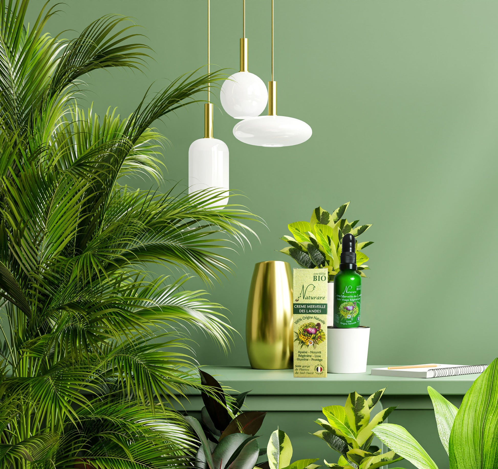 Green-themed room with plants, a gold vase, and a green bottle on a shelf against a green wall.