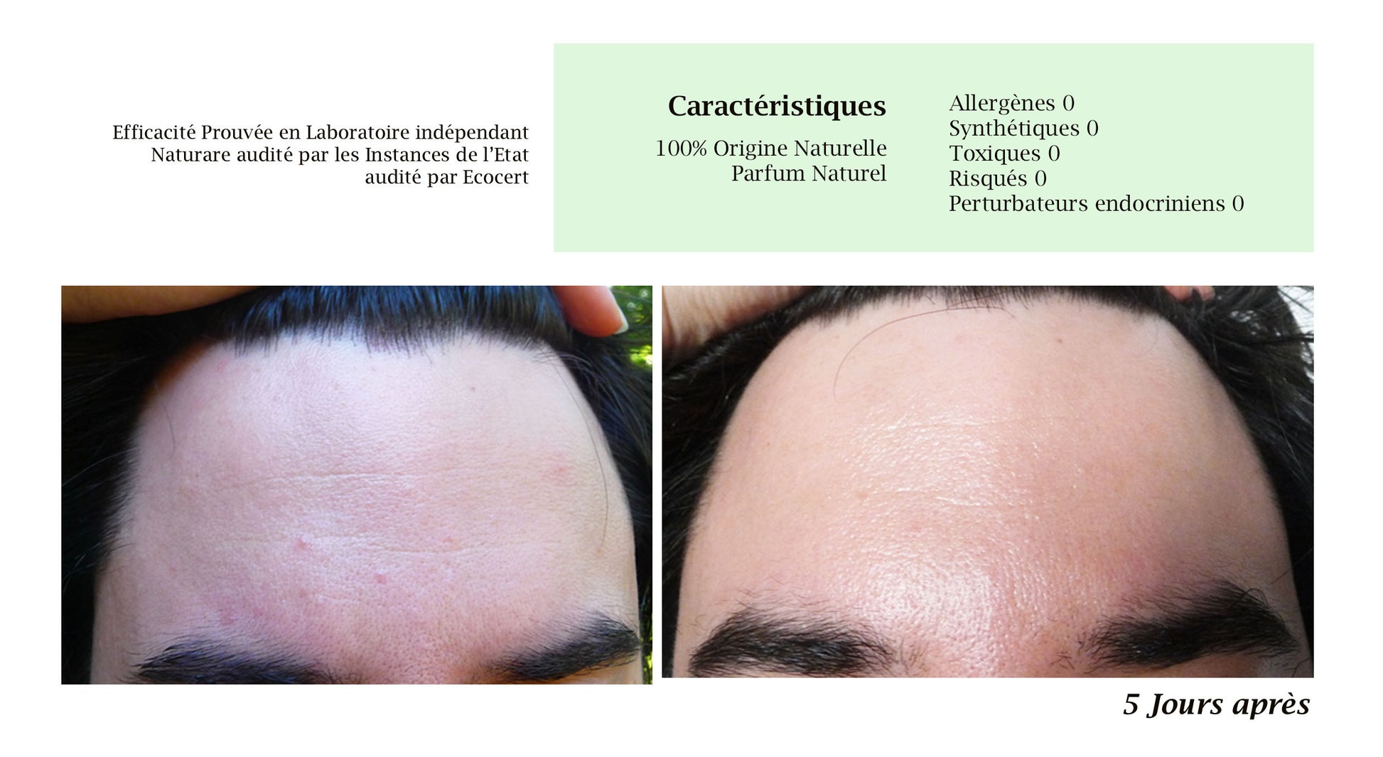Before and after comparison of a person's eyebrows with text about product features and effects.