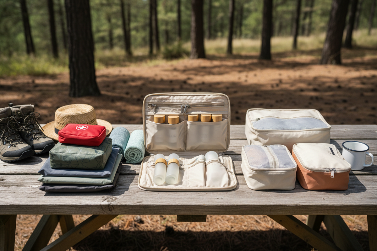 Flat-lay of organised camping kit for two weeks