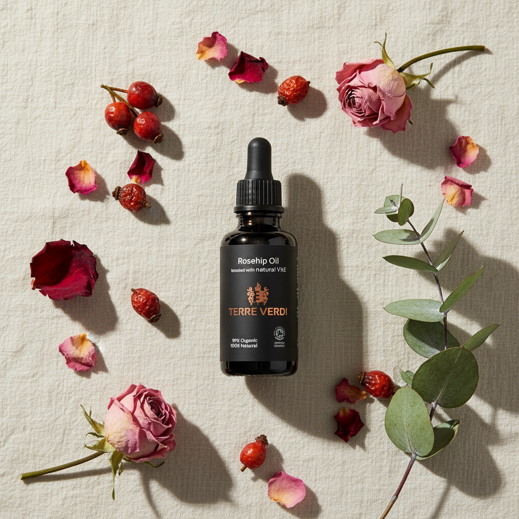 Terre Verdi Organic Rosehip Oil with Vitamin E 30ml lifestyle flat lay with rosehip berries and rose petals