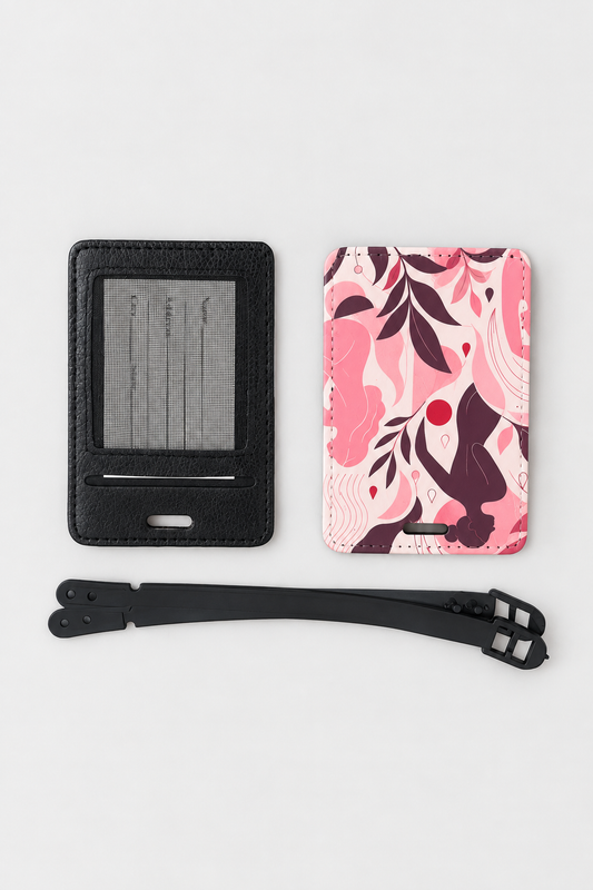 Luggage tags and strap flat lay enhanced