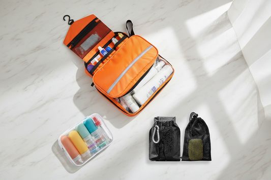 An open orange toiletry bag filled with travel-sized items, shown on a white marble surface with two black mesh drawstring pouches and a clear container of colorful lip balm tubes nearby.