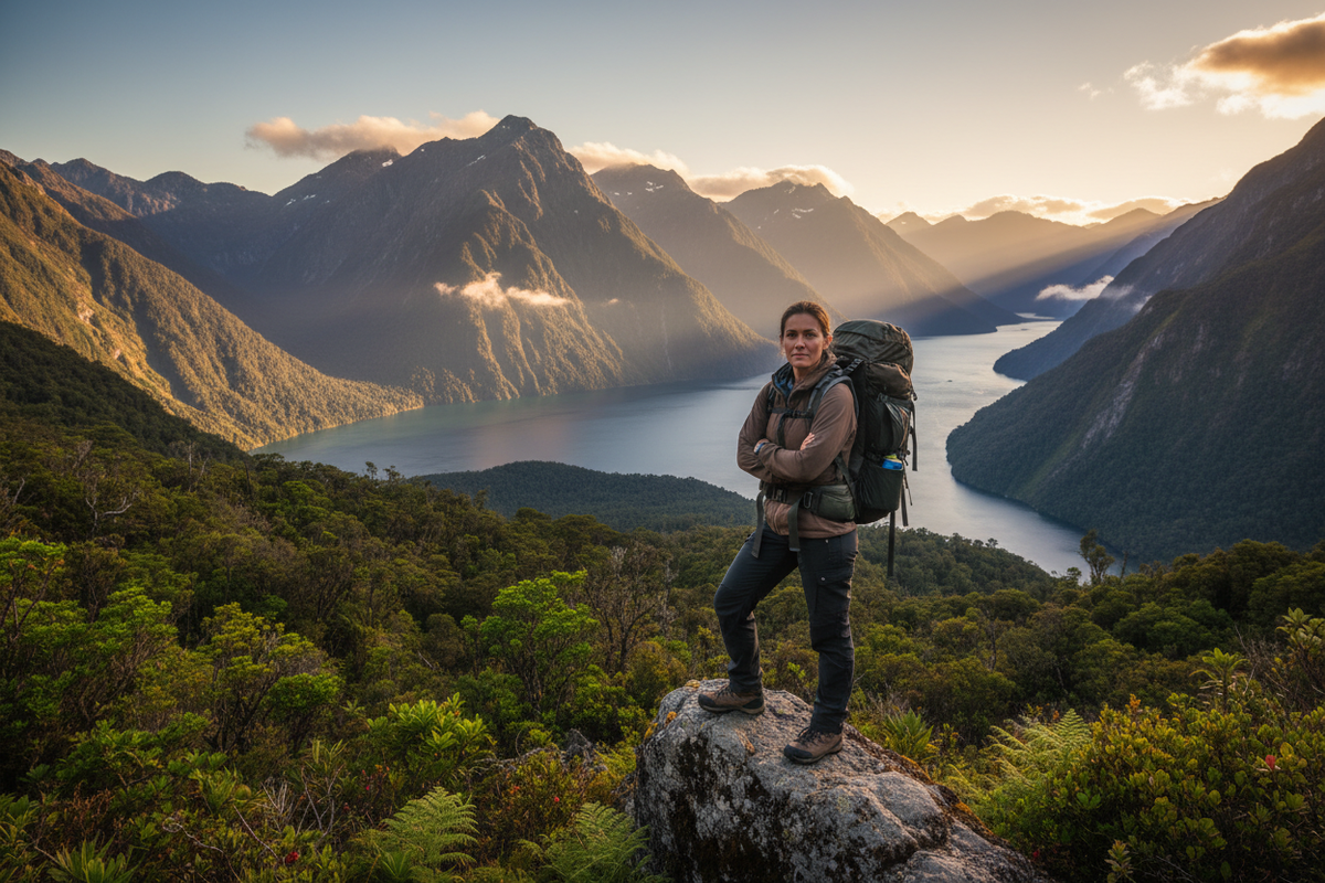 Woman in South Island Fiordland landscape
